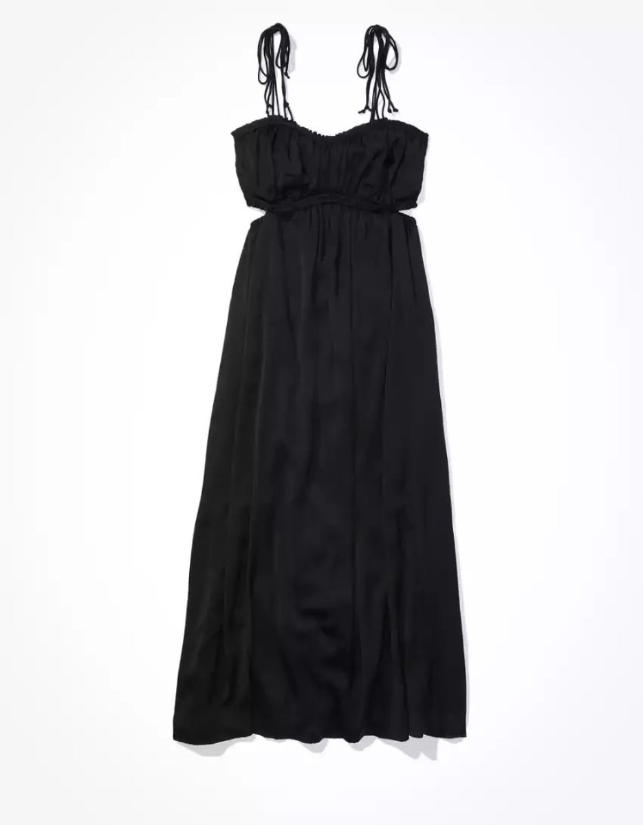 Robe Mi-longue American Eagle AE Silky Ruched Noir Femme | CFH-59847506